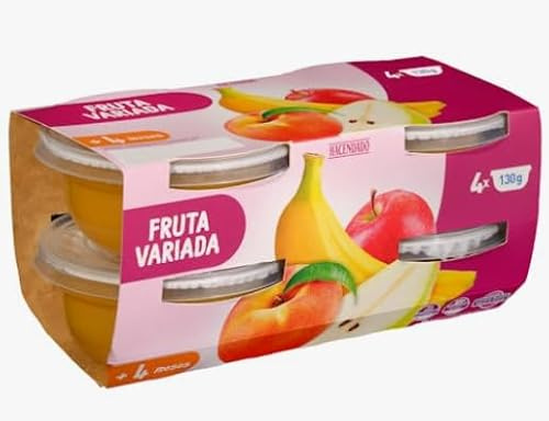 HACENDADO Früchte Variiert Babynahrung, 4 Gläschen x 130g, Ab 4 Monaten, 520g Gesamtgewicht, Mit Gemüsebrühe