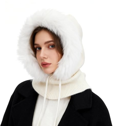 AYPOW Mujer Invierno Gorro de Punto y Bufanda con Capucha, 2 en 1 Térmicos Prueba de Viento Ajustable Felpa Pasamontañas, Moda Pullover Calentador de Cuello para Deportes al Aire Libre Diario Correr
