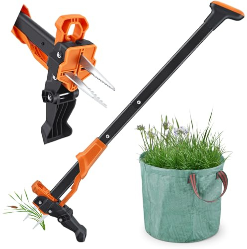 Désherbeur Manuel et Extracteur de Mauvaises Herbes avec sac de jardin de 50l, Longueur 100cm, 4 Griffes arrache-Racines en Acier en Outil de Désherbage Longue Manche pour Enlever Mauvaises Herbes