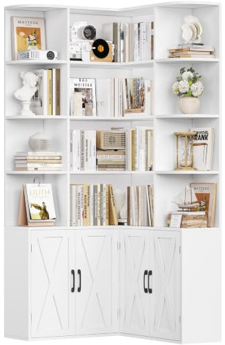FirFurd Corner Bookcase L Shaped Bookshelf with Doors Display Cabinet White