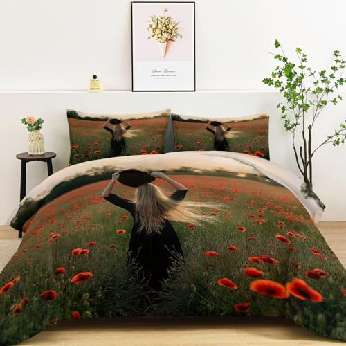 Bettdecke 4-Jahreszeiten Steppdecke in 155x220 cm mit Rückenansicht Einer Modernen Frau Blumen, Warme und Weiche Schlafdecke ohne Bezug mit 2 Kissenbezügen, Hellgrau