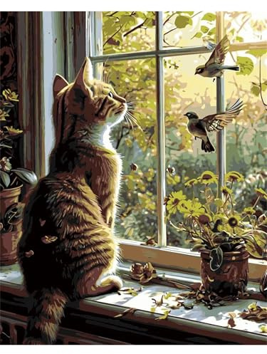 Peindre par Nombre Chat Sparrow sur le rebord de la fenêtre,Kit de Peinture par Numero pour Adultes DIY pour Débutant Seniors avec Pinceaux et Acrylique Pigmentée Décoration Cadeau 55x70cm avec cadre