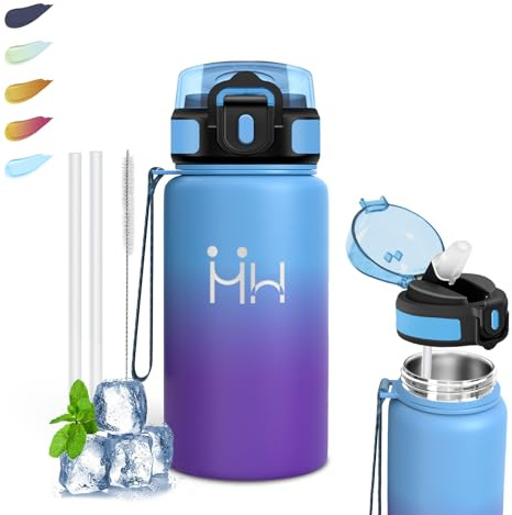 Gourde Isotherme- 500ml- Gourde Enfant, sans BPA, Bouteille Isotherme, Anti Fuite, Gourdes avec Paille, Facile à Transporter, 18/8 Acier Inoxydable, Bouteille d'eau pour École, Bureau, Camping