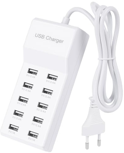 USB Ladegerät Mehrfach 10 Port 50W – USB Ladestation für Mehrere Geräte, USB Hub mit Netzteil, Multi USB Stecker Adapter Ladegerät für iPhone Samsung Xiaomi Huawei Tablet, Weiß
