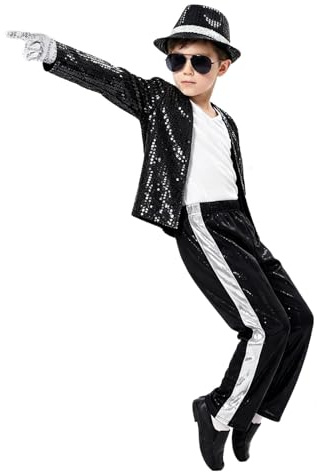 TYUIOP Completo Bambino Pop Star 80-90, Giacca Nera Paillettes, Pantaloni a Vita Elastica, Cappello, Guanti, Occhiali, Set 6 Pezzi per Spettacolo Ballo, Taglia S M L 4-10 Anni