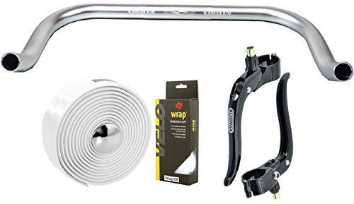Permanent-Fahrrad Bullhorn Fixie Singlespeed Rennrad Triathlon Lenker Silber 440mm mit passenden Bremshebel und Weißem Lenkerband