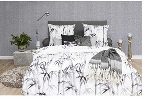 HNL Baumwoll Mako Satin Bettwäsche Cecil Refined Bambus Muster – weich und angenehm auf der Haut - mit Reißverschluss und aus 100% Baumwolle - 135x200 cm + 80x80 cm, Schwarz/Weiss
