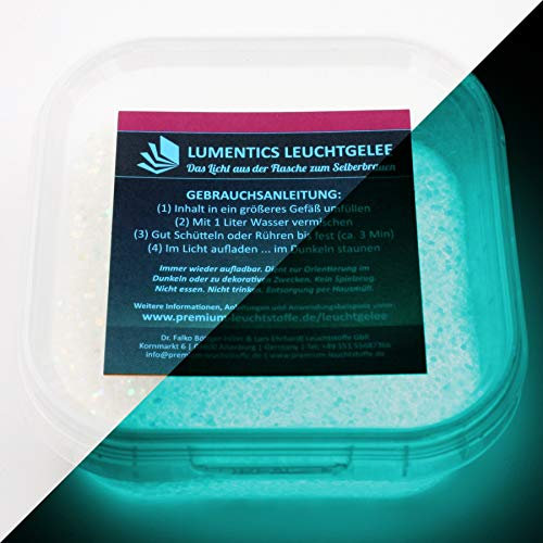 lumentics Gemisch für nachleuchtenden Lichtspeicher - Ergibt 1 Liter im Dunkeln leuchtenden Wasserspeicher mit Glitzereffekt (Hell-BlauGrün + Glitzer)