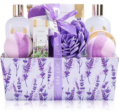 Geschenk für Freundin, SPA LUXETIQUE 12 tlg. Geschenkset Lavendelduft mit Badesalz, Badebomben, Duschgel, Handcreme, Duschkappe in der Stoffkiste, Geschenke zum Weihnachtsgeschenke, Muttertagsgeschenk