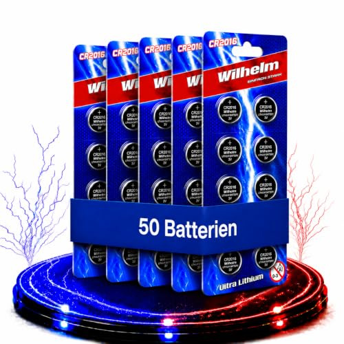Wilhelm CR2016 Lithium Knopfzellen 3V – 90 mAh, ø20 x 1,6 mm – 50 Stück