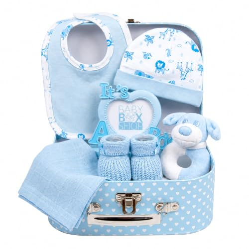 Baby Geschenkset für Jungen - von Hand Verpacktes Baby Geschenk Junge in Erinnerungskiste - Geschenkset Baby mit Weicher Spielzeugrassel, Fotorahmen, Mullwindel, Lätzchen, Socken, Handschuhe & Mütze