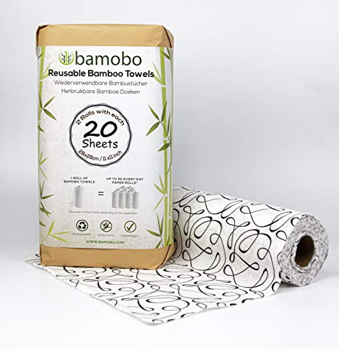 Lot de 2 rouleaux de cuisine 100 % bambou - Lavables - Remplace jusqu'à 50 rouleaux ménagers réutilisables - Lavables - En papier - Résistants - Respectueux de l'environnement - Noir