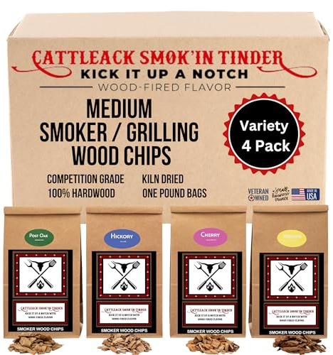 Cattleack Smok'in Tinder Premium BBQ Holzspäne Räuchern, Grillen, 4er-Pack, beliebte mittelgroße Holzspäne (Hickory, Kirsche, Mesquite, Post Oak)
