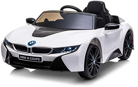 AsVIVA Kinder Elektroauto BMW i8 Spyder Coupe (2X 25 Watt Motor), Lizenziert, Eva Vollgummireifen, ferngesteuert, LED Vorder- und Rücklicht, Elektroauto für Kinder ab 3 Jahre, weiß