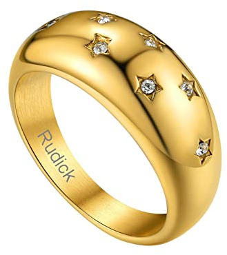 Benutzerdefinierter Edelstahl Kuppelring mit Strasssternen mit Namen Gravur 8.8mm breit Schlichter Polierter Siegelring Dünne Stapelbare Fingerringe für Damen Frauen Ringgröße 54.4(17.3) in Gold