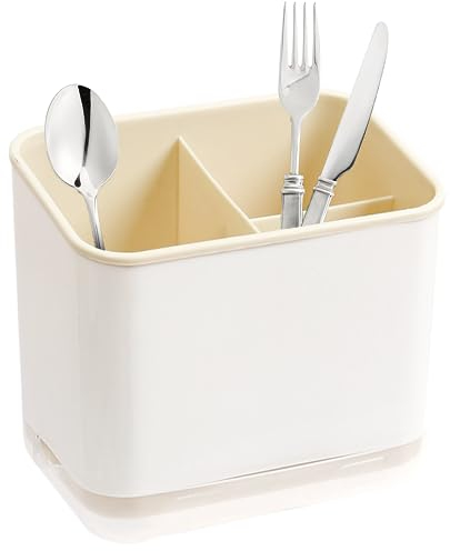 XFLYP Egouttoir à Couverts, Fourchette Cuillère Organisateur Rack Avec 3 Compartiments avec Égouttoir, pour Couteau et Fourchette, Cuillère, Panier de Séchage pour évier (Jaune)