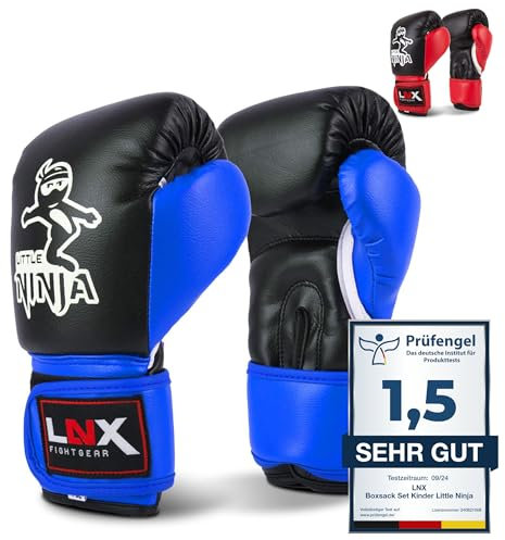 LNX Boxhandschuhe Kinder Little Ninja - ideal für Kids Kickboxen Boxen Kampfsport UVM (schwarz/blau)