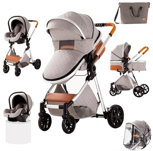 Prokoke Kinderwagen 3 in 1, Kinderwagen mit Rahmen Aluminiumlegierung, Kombikinderwagen 3 in 1 Einem Klick Faltbar, Buggy mit Umkehrbarem Zwei-Wege-Schub Baby Kleinkind Neugeborene (225 Light Grey)