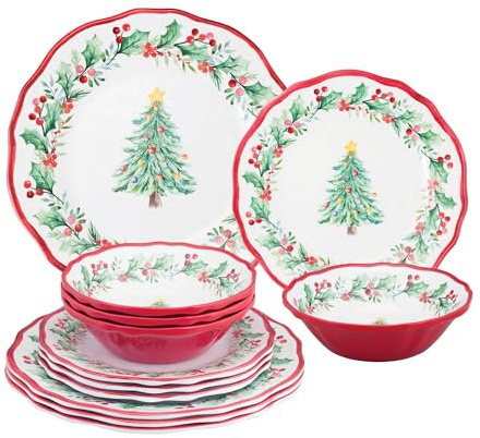 UPware 12 Piece Christmas Tree Melamine Dinnerware Sets, Outdoor Dishes Set, Plates and Bowls Sets, Christmas Decorations, Service for 4, Red