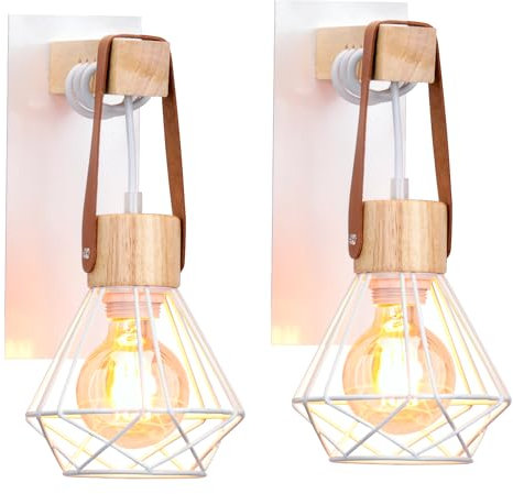 iDEGU Wandlampen Innen Vintage Wandleuchte im Industrial Design aus Holz und Eisen 1-flammig Retro Lampe mit Käfig Weiß Einstellbare Hängelampe für Wohnzimmer Schlafzimmer Küche Flur (2 Stücke)