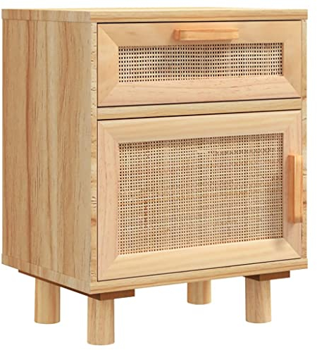 vidaXL Nachttisch 1 Schublade 1 Fach Nachtschrank Nachtkonsole Nachtkommode Schlafzimmer Schrank Kommode Braun Massivholz Kiefer Natur-Rattan