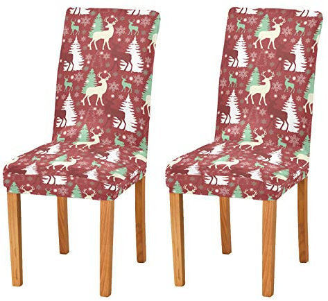Kcldeci Weihnachten Gold Hirsch Weihnachtsbaum Spandex Stuhlhussen für Esszimmer 2er Set, Stretch bedruckte Stuhlschoner Bezüge abnehmbar und waschbar