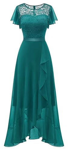 Berylove Vestido de noche largo y elegante para boda, vestido de cóctel, elegante, con mangas, cintura elástica, verde pavo real, XL