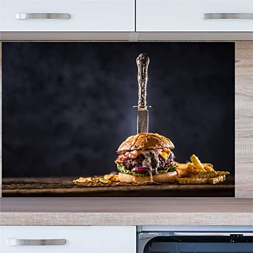 INDIGOS UG Küchenrückwand - Burger mit Messer - 80x50 cm ESG Echtglas Bedruckt - mit Bild - Motiv - Küche - Rückwand - Glasplatte - Spritzschutz - Herd - Ofen