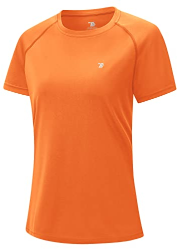 donhobo Damen Sport Fitness T-Shirt Kurzarm O-Ausschnitt Laufshirt Sommer Atmungsaktiv Schnelltrocknend Casual Sportshirt Running Traniningsshirts (Orange, XXL)