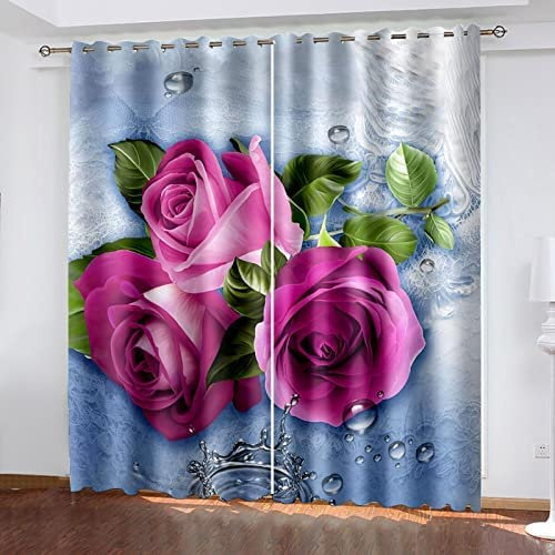 Blickdicht Blackout Vorhang Mit Ösen Schalldämmend Gardinen Polyester 3D Bedruckt Rosa Pflanzenrose Für Wohnzimmer Schlafzimmer Kinder Oder Babyzimmer 150 (B) X 166 (H) cm - Verdunkelungsvorhänge