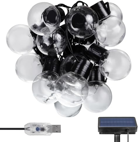 Maclean MCE424 Solar-Lichterkette für den Garten, 2-in-1:Stromversorgung über Solarpanel oder USB, 8 Beleuchtungsmodi, 20x Glühbirnen, IP44: Schutz gegen Spritzwasser, Länge: 7m