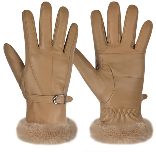 Harssidanzar Damen Lederhandschuhe Winter Thermo handschuhe Kleid Lederhandschuhe Fell gefüttert für kaltes Wetter SL022EU,Khaki, Größe M