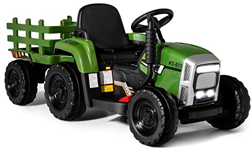 COSTWAY 12V 3-Gang Traktor mit abnehmbarem Anhänger und 2,4G Fernbedienung, Kinder Aufsitztraktor mit LED Lichtern, Musik, Hupe & USB Funktionen, geeignet für Kinder ab 3 Jahren (Dunkelgrün)