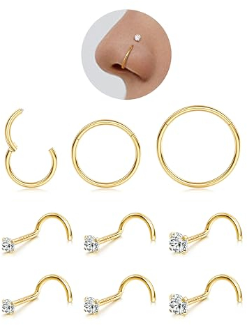LOLIAS 9Pcs Nasenpiercing Chirurgenstahl Damen Herren 6/8/10MM 14K Gold Nasenpiercing Ring Nasenpiercing Stecker Septum Ringe Nose Nostril Piercing Nasenstecker Nasenring Piercing 20G