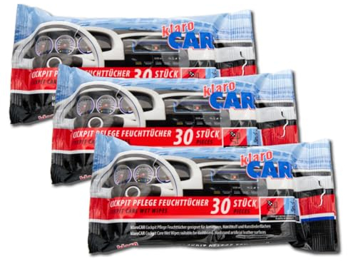 klaroCAR | 3er Pack Cockpit Pflege Feuchttücher | 90 Stück | für Armaturen, Kunststoff und Kunstleder | Für eine schonende, schnelle und gründliche Reinigung des Auto - Innenraums