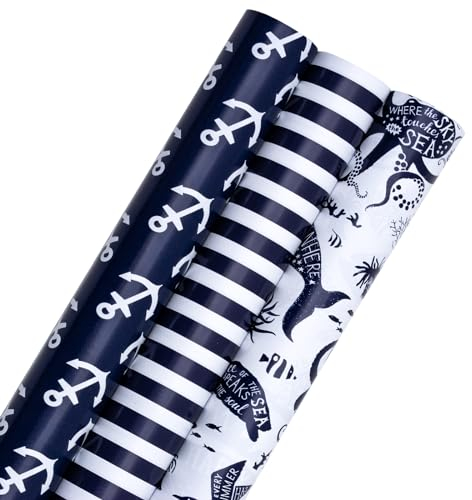 RUSPEPA Geschenkpapierrollen – Mini-Rolle – 43,2 cm x 3 m pro Rolle, insgesamt 3 Rollen – Wal und Anker