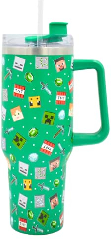 HOX Minecraft 40oz / 1200 ML Green Tumbler with Straw & Lid | Leak & Spill Proof Travel Mug | Stainless Steel Vacuum Insulated Water Bottle with Handle Keeps Cold for 17Hrs or Hot for 5Hrs