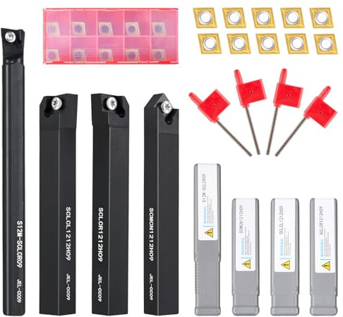 12mm Shank Carbide Lathe Turning Tools Metal 4 Lathe Tool Holders Lathe Cutting Tools, Boring bar Turning Tool Holder with 10 Carbide Inserts