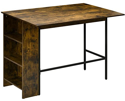 HOMCOM Table de Bar avec Rangement Table Bistrot Ilot Central Plateau latéral Rabattable et 3 étagères - 120 x 76 x 91,4 cm Brun Rustique