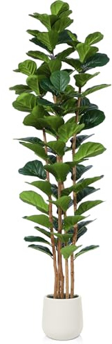 OAKRED Artificial Fiddle Leaf Fig Tree Artificial Plant with White Planter, 7ft Tall Fake Tree with Natural Wood Trunk for Home Decor, Faux Ficus Tree Fake Moss for Indoor Office Living Room