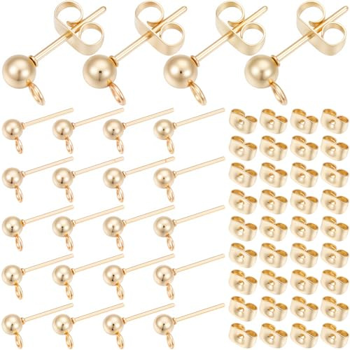 SOFPLATE 1 boîte de 100 tiges de Boucles D'Oreilles en Acier Inoxydable Hypoallergénique en Or avec Dos et Boucle D'Oreille Papillon Petits Clous D'Oreilles Ronds pour la Fabrication de Bijoux Fournit