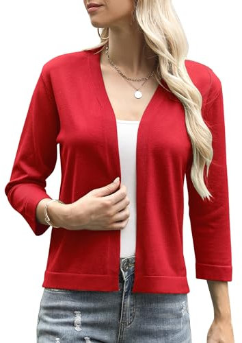 Aottori Red Cardigans for Women UK Lightweight Knitted Cardigan Ladies 3/4 Sleeve Short Bolero Shrug Tops for Dress Evening Wedding Red S