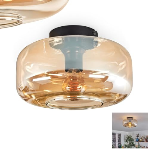 Plafonnier Boza, plafonnier rond en métal/verre noir/ambre, luminaire au design rétro/vintage moderne avec abat-jour en verre (Ø 28 cm), 1 x E27, sans ampoule