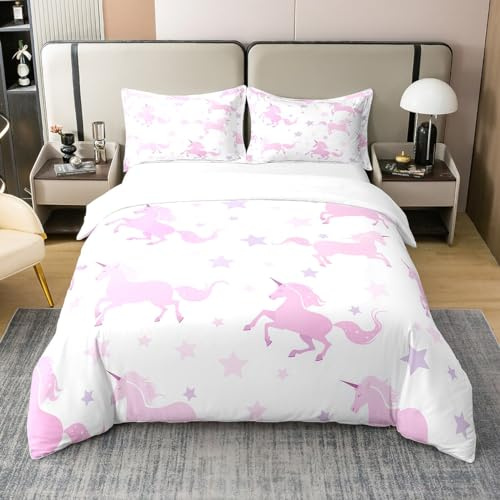 Mädchen Einhorn Tröster Bezug 135x200 Nette Einhorn Bettwäsche Set Rosa Sterne Druck Bettbezug für Kinder Mädchen Teens Frauen Kawaii Fantasy Weiche Atmungsaktive Dekor mit 1 Kissenbezug,Weiß Rosa