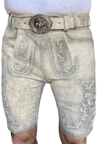 Sterling Sports Herren Lederhose Kurz Antik Mit Gürtel - Traditionelle Lederhose Für Herren, Oktoberfest Lederhosen Set - Trachtenhose Faschingskostüme Männer Shorts (Grau-46)