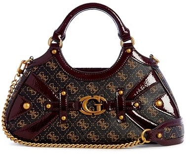GUESS Damen Mintha Small Satchel Schultertasche mit Reißverschluss Oben, Braunes Logo/Weinrot