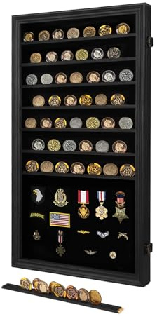 Verani Medaillen-Vitrine – Militärische Herausforderung Münzdisplay Shadow Box – Pin-Vitrine mit herausnehmbaren Regalen und ansteckbarem Hintergrund für Abzeichen, Bänder, Insignia-Knöpfe, Overized
