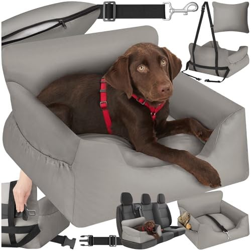 tectake® Hundesitz, Autositz für Hunde, Hunde Autositz für Rückbank, Beifahrer oder Rücksitz, Reisebett Hund, mit Hundegurt, Sitzerhöhung mit Hundeanschnaller, Hundebett mit Anschnaller - grau