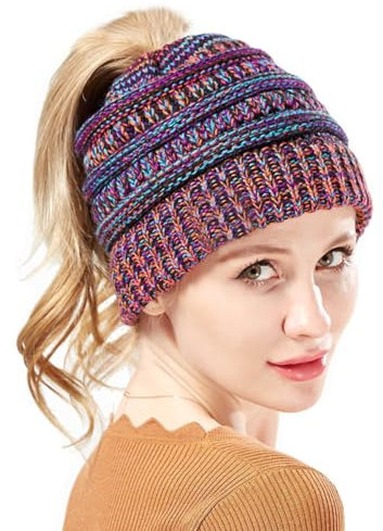 SamHeng Damen Pferdeschwanz Strickmütze, Farbenfrohe Mädchen Zopfloch Wintermütze mit Zopfloch, Warm Gestrickt Beanie Messy Brötchen Pferdeschwanz Mütze (A)
