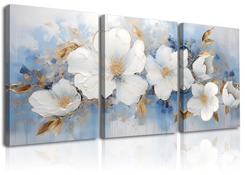 Piy Painting Weiße Blume Malerei, Romantische Bild Leinwand Malerei, Kunstwerke Auf Leinwand, Kunstwerk Gemälde Für Schlafzimmer Wohnzimmer Cafe Bankette Wanddekoration, 3 Paneele 40x30 cm